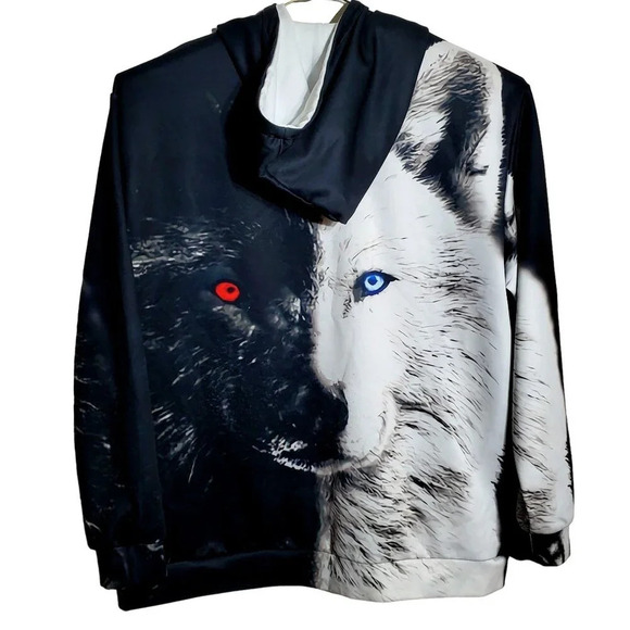 Wolf Duality 3D Fashion Hoodie With Blue & Red Eyes Graphic 4XL Pull Over - Picture 2 of 6